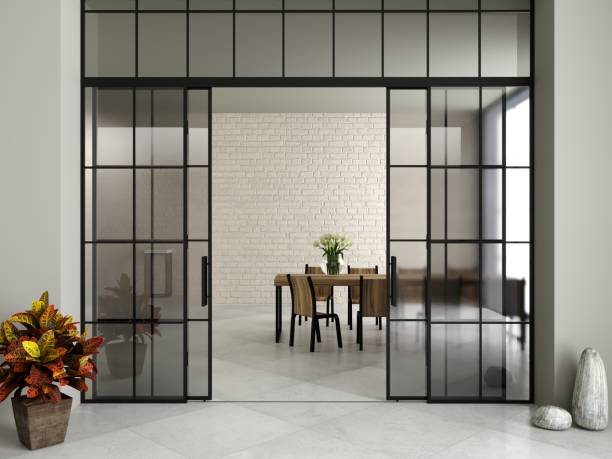 3d illustration. Modern sliding glass door in the office. Loft style interior